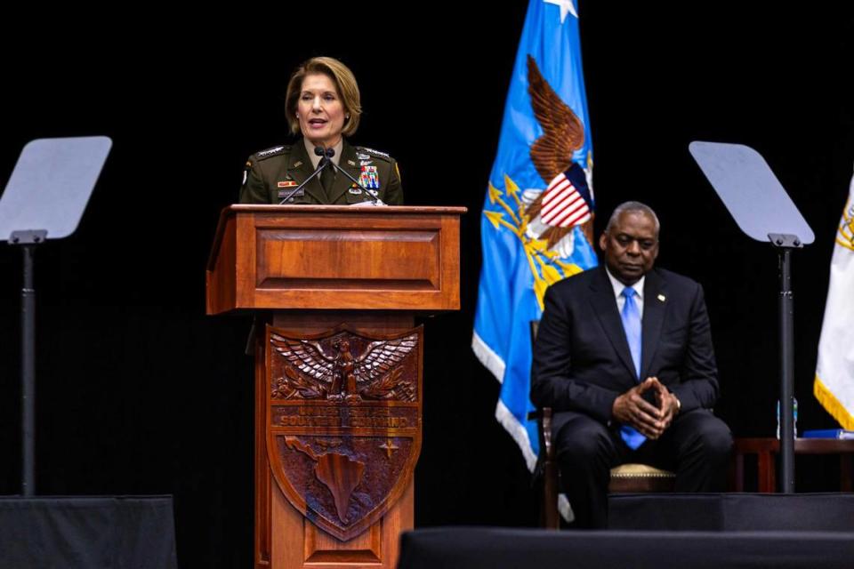 U.S. Army Gen. Laura J. Richardson speaks during the change of command ceremony at the U.S. Southern Command in Doral