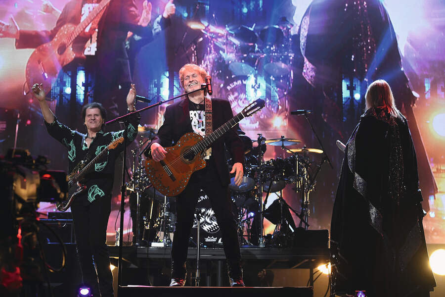 Inductees Trevor Rabin, Jon Anderson, and Rick Wakeman of Yes onstage at the 32nd Annual Rock & Roll Hall Of Fame Induction Ceremony at Barclays Center on April 7, 2017 in New York City.