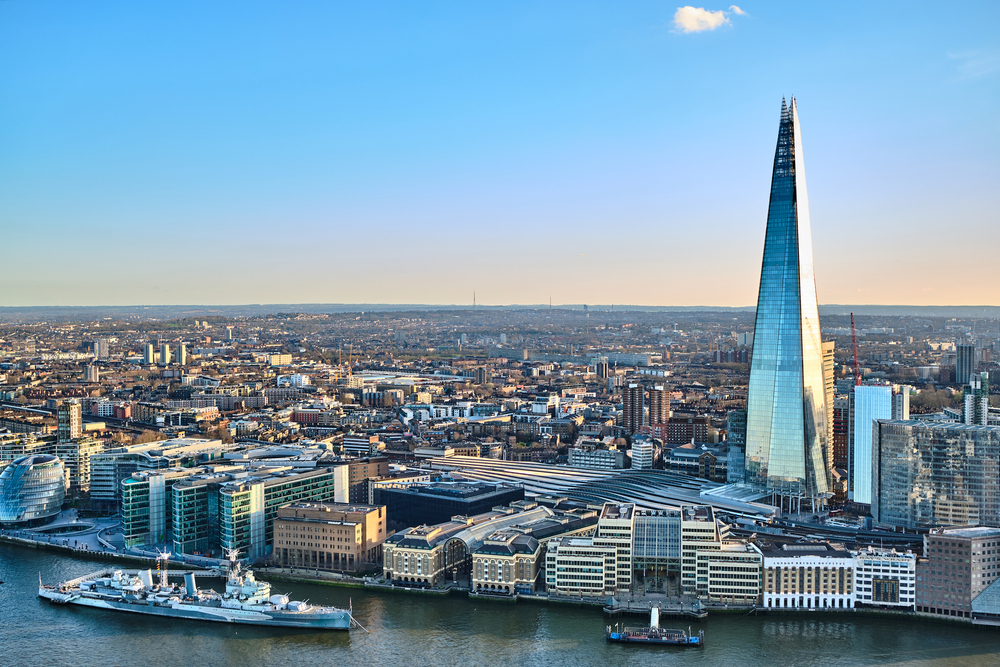 London skyline with the Shard, HMS Belfast and the River Thames