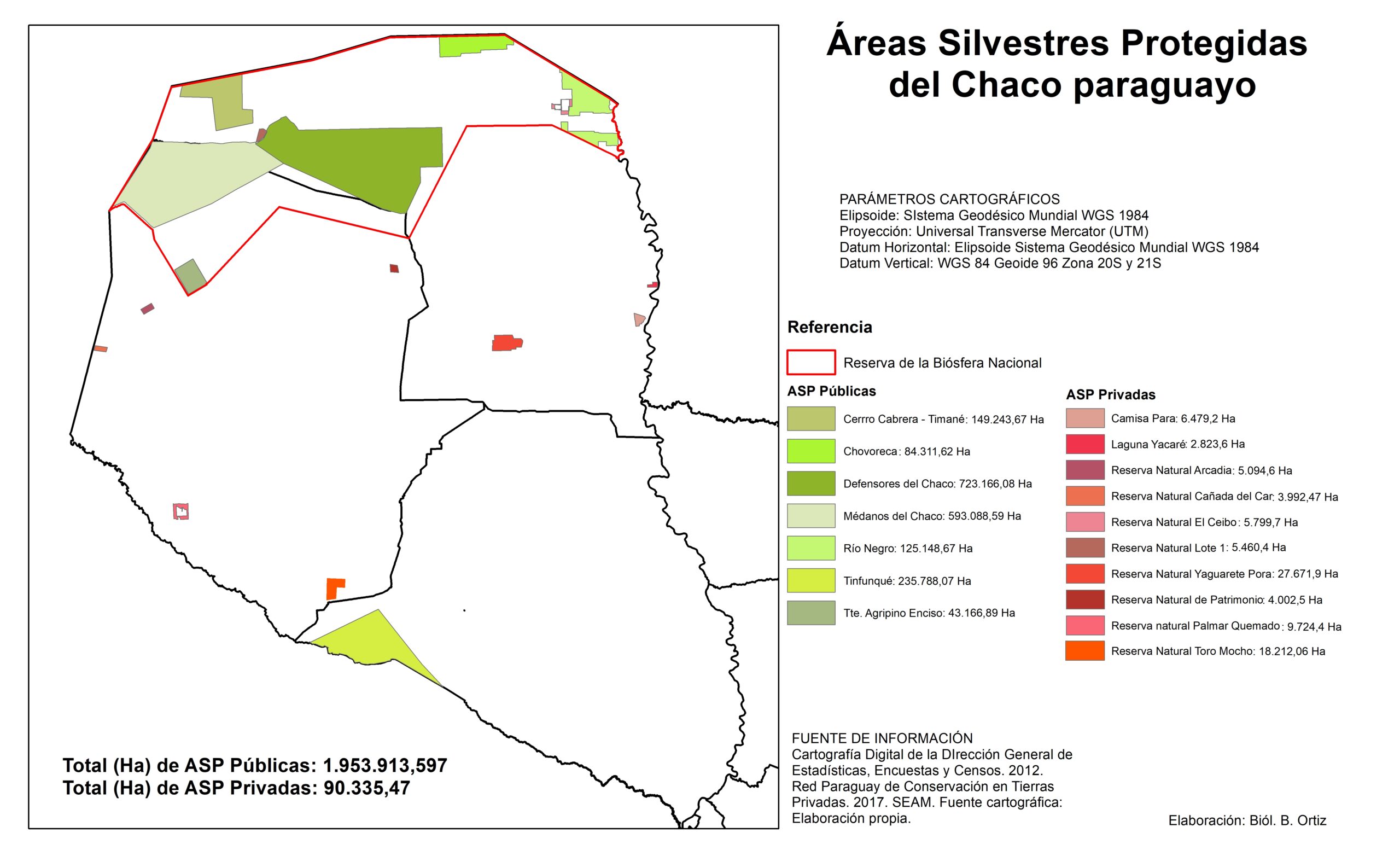 Mapa de las áreas protegidas en el Chaco paraguayo. El parque Defensores del Chaco destaca por su mayor tamaño y su contigüidad al parque Médanos del Chaco. Mapa: WCS Paraguay.