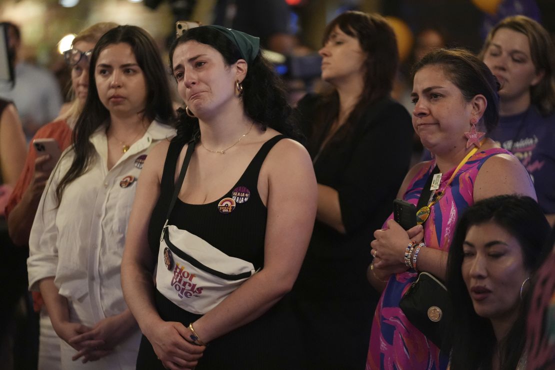 Supporters of Florida's Amendment 4, which would have enshrined abortion rights in the state, react after the amendment's defeat, during a watch party, in St. Petersburg, Florida, on November 5, 2024.