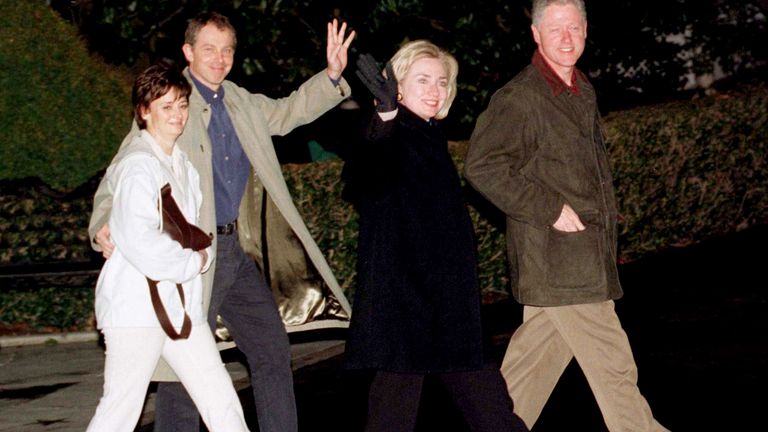 Tony and Cherie Blair accompany U.S. President Bill Clinton and Hillary Clinton as they depart the White House February 6 enroute the presidential retreat at Camp David. The Blairs will spend Friday night and Saturday night with the Clintons at Camp David before leaving Washington early Sunday morning...CLINTON BLAIR