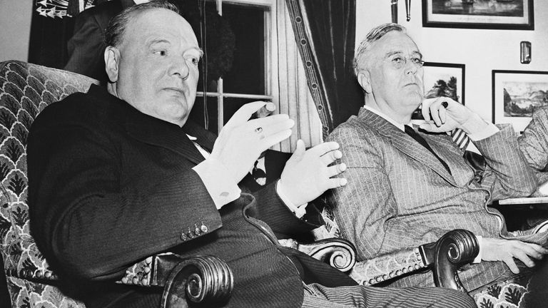 Prime Minister Winston Churchill, left, of Great Britain and President Franklin Roosevelt faced reporters at the White House in Washington on Dec. 23, 1941 at a press conference in which the heads of two great world powers linked in a common war expresses confidence in victory. Churchill, with his customary black cigar, emphasizes his reply to a question with a gesture. (AP Photo)


