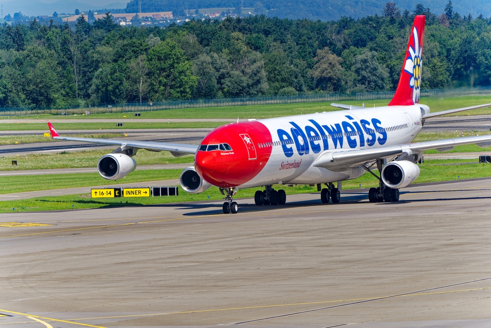 EdelweissAirAirbusA340 300Hb jmgAirplaneTaxiingToDockAt