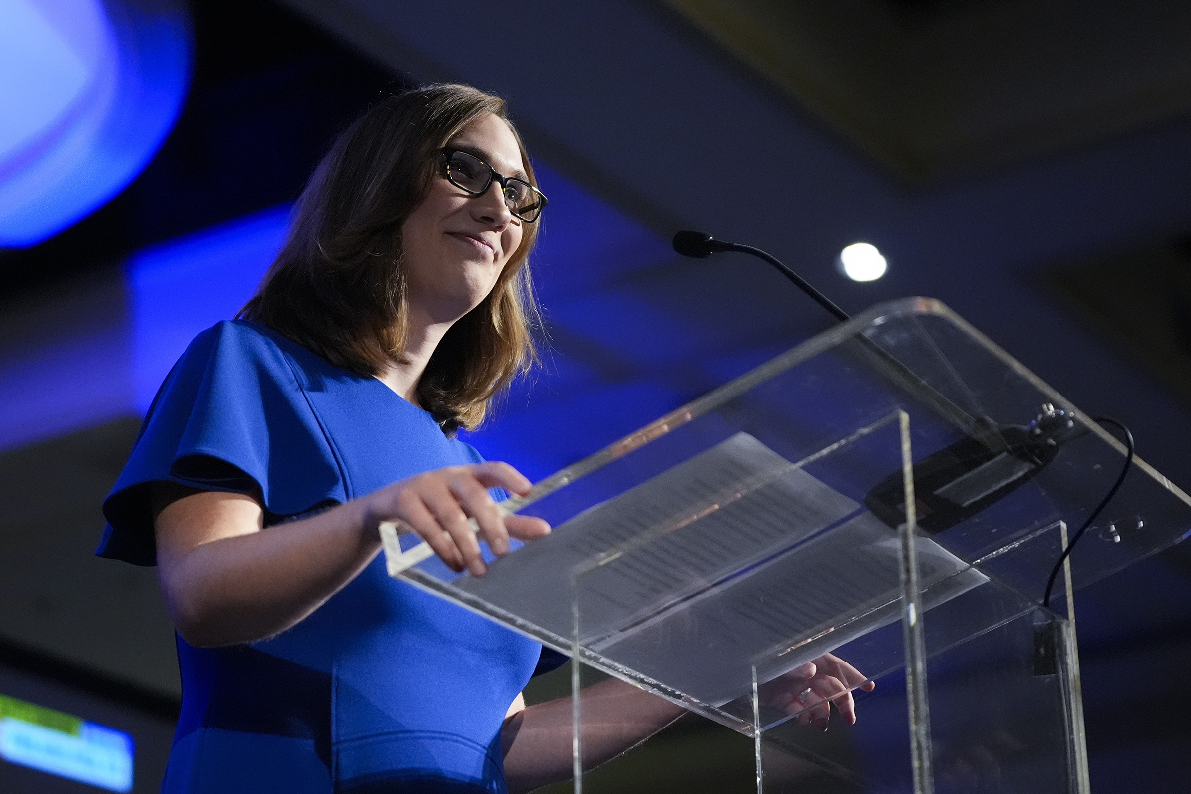 Sarah McBride, Democratic candidate for Delaware's at-large congressional district, speaks during an election night watch party in Wilmington, Del., on Nov. 5, 2024.