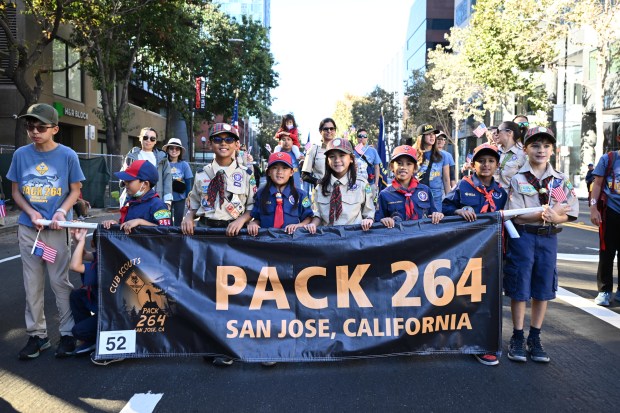 Cub Scouts of Pack 264 march during the Veterans Day...