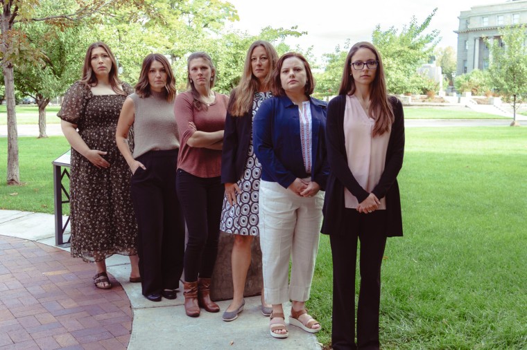 The six plaintiffs Kayla Smith, left, Jillaine St.Michel, Rebecca Vincen-Brown, Dr. Julie Lyons,  Dr. Emily Corrigan and Jennifer Adkins.