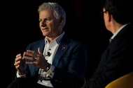 Southwest Airlines CEO Bob Jordan, left, answers a question posed by moderator Brian Sumers,...