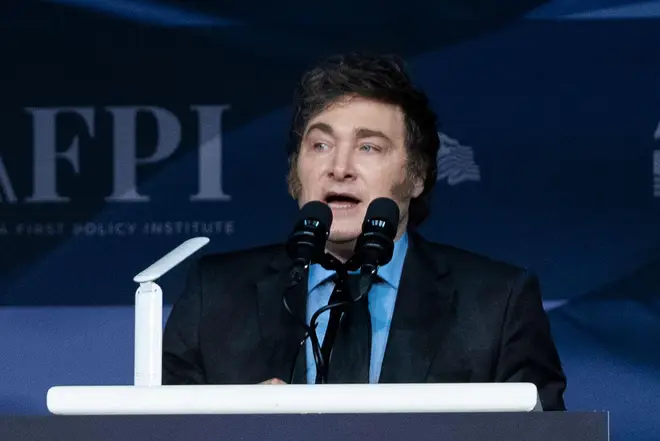 Argentina's President Javier Milei speaks before President-elect Donald Trump during an America First Policy Institute gala