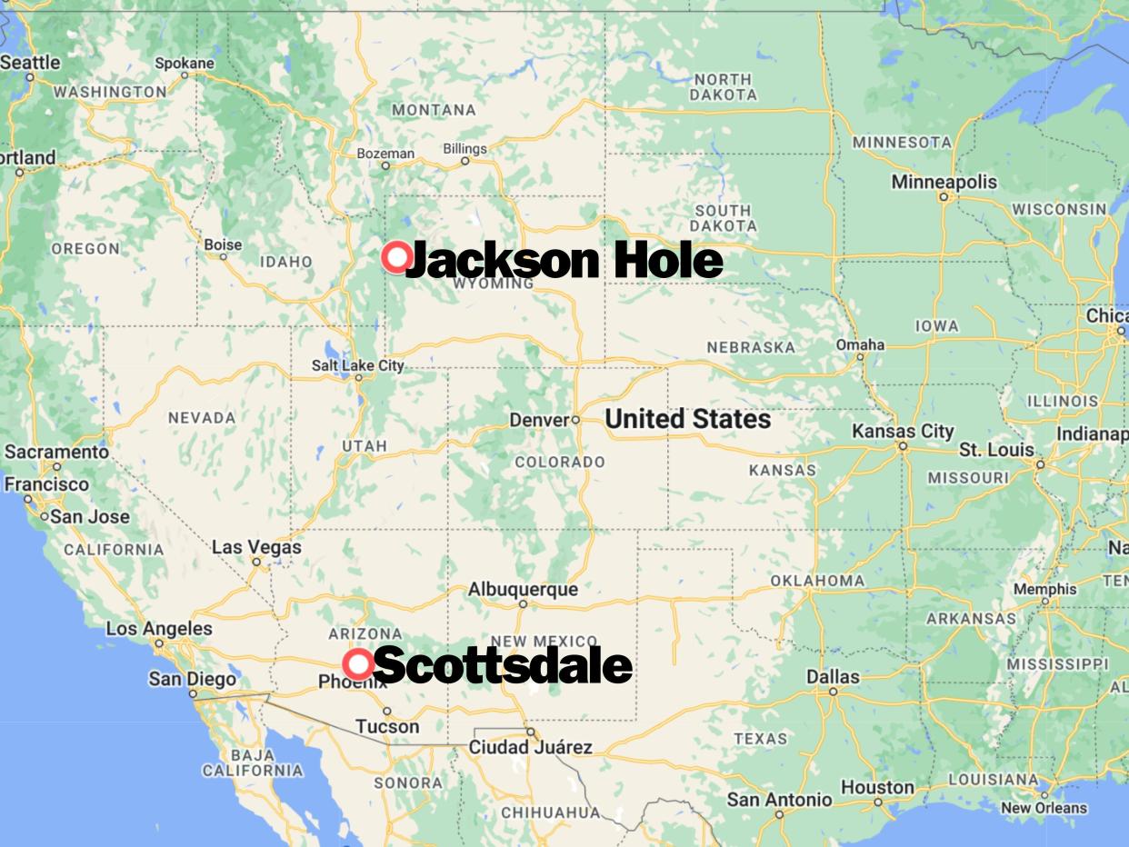 A map of the US with dotted labels on Jackson Hole and Scottsdale