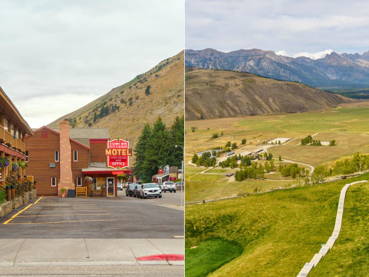 Two images: Left: A wooden motel with an empty parking lot to the left of a street and a mountain in the background on a cloudy day. Right: A valley with a stone path leading right in the foreground, ranches in the valley behind it, and mountains behind the valley