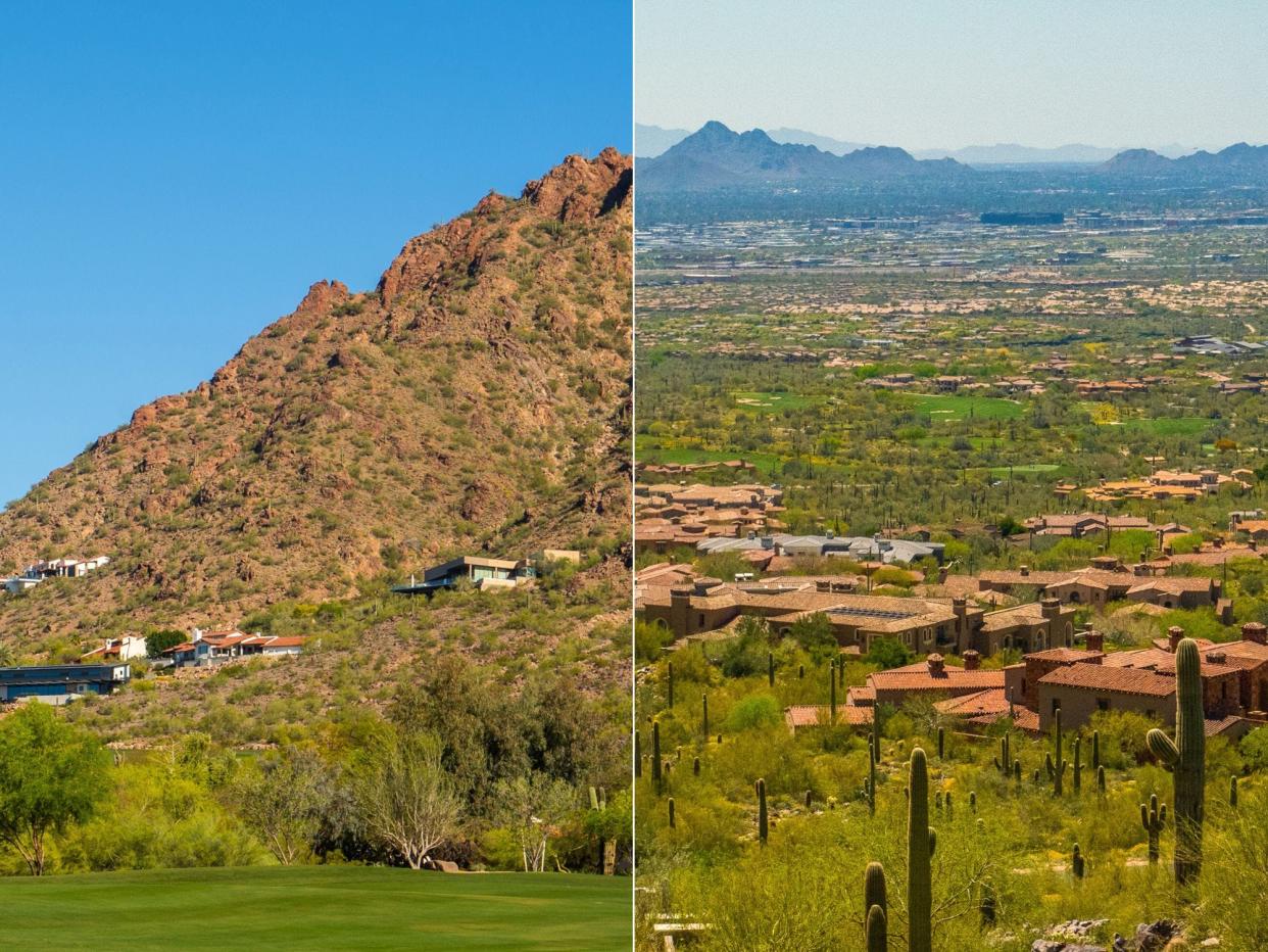 Two images: Left: The side of a mountain dotted with mega-mansions. Right: Mega mansions in the desert in Scottsdale with mountains in the background