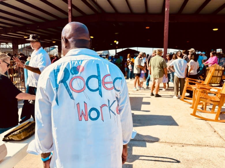 One incarcerated man said he loves the chance to showcase his artistic side, including on his hand-panted shirt that reads “Rodeo Worker.” (Adam Mahoney/Capital B)