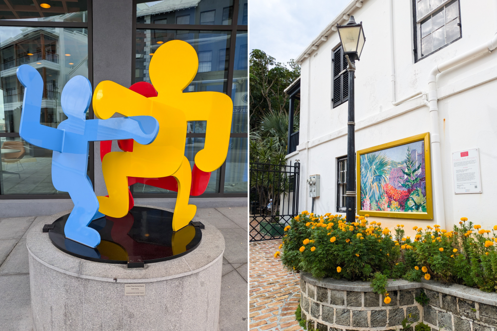 A photo of a bold, primary-colored sculpture of two abstract human figures in red, yellow, and blue by Keith Haring in front of a modern building. On the right, a charming exterior of a white building featuring a colorful floral painting framed in yellow, accompanied by a flowerbed filled with marigolds.