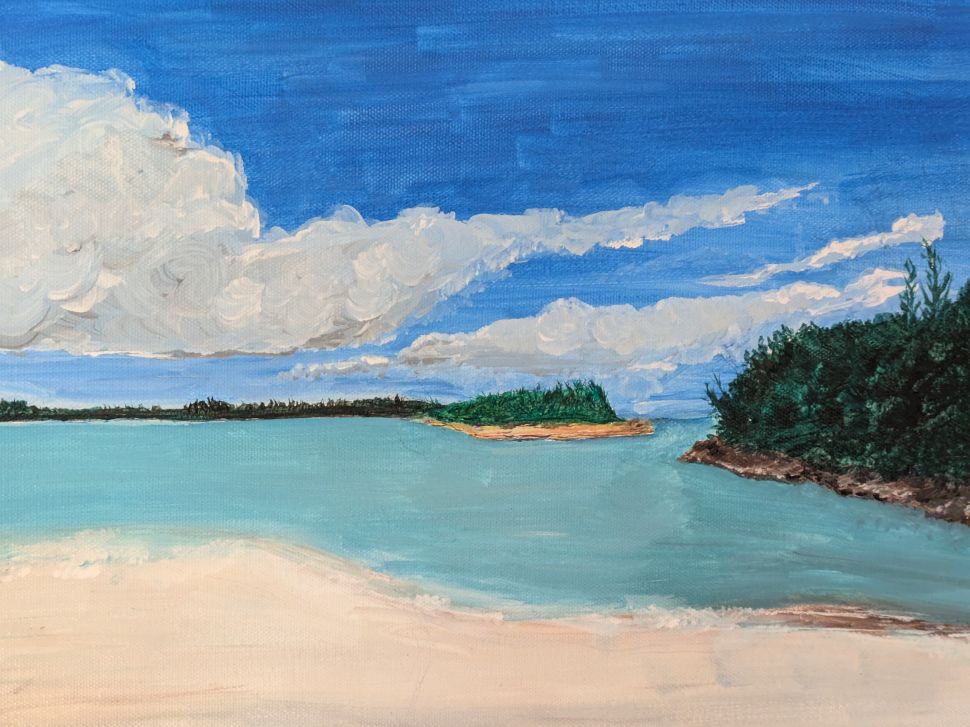 A photo of a painting capturing a serene coastal view with a sandy beach, calm blue-green water, and lush greenery under a sky filled with fluffy clouds. The scene conveys the tranquility of Bermuda’s natural beauty.