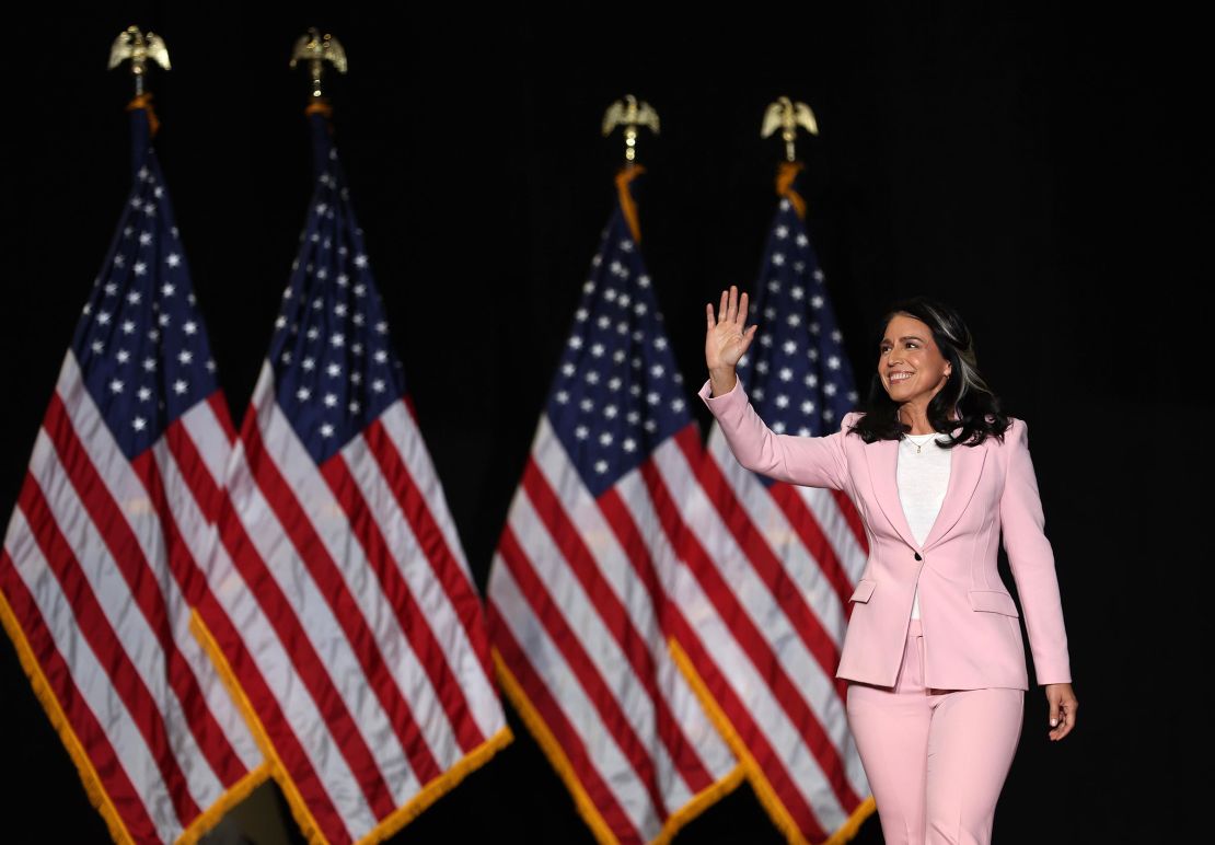 Tulsi Gabbard greets the crowd before speaking during a campaign rally in Las Vegas, Nevada. 