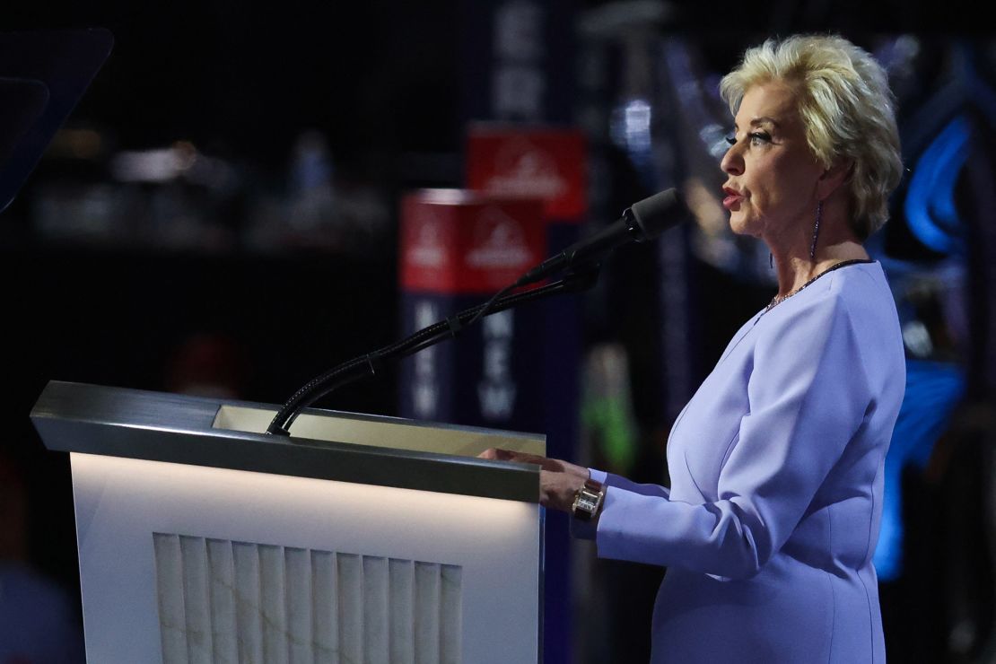 Linda McMahon speaks at the Republican National Convention in Milwaukee on July 18.