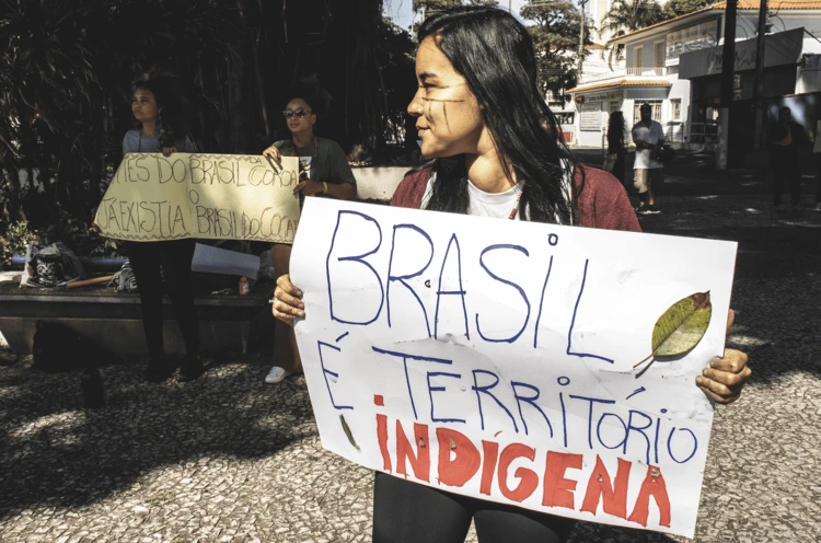 Indigenous people in Brazil protesting against Marco Temporal laws