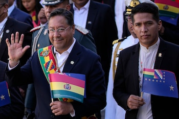 El presidente de Bolivia, Luis Arce, y el titular del Senado boliviano, Andrónico Rodríguez (AP Foto/Juan Karita)