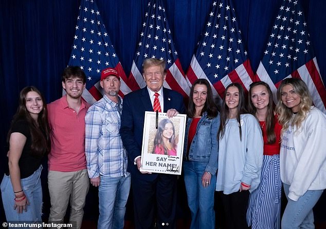 President-elect Donald Trump has lauded the guilty verdict for Ibarra, a Venezuelan who he referred to as 'The Illegal.' Trump, pictured with Laken's family and friends in March, said: 'It is time to secure our Border, and remove these criminals and thugs from our Country, so nothing like this can happen again!'