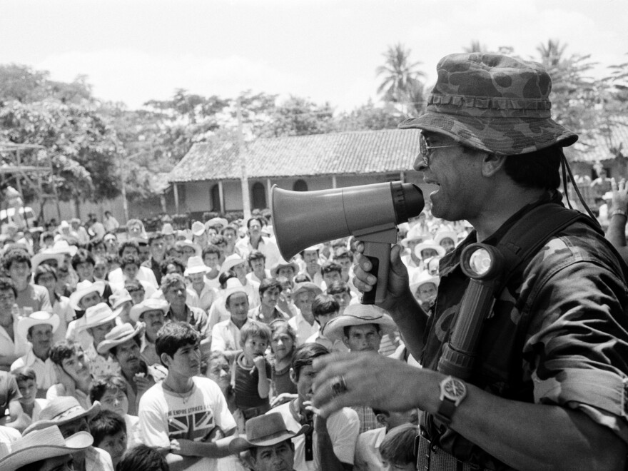 Col. Sigifredo Ochoa Pérez, the former commander of the counterinsurgency unit Destacamiento Militar 2 and then head of the Fourth Brigade, speaks at a public gathering in Sensuntepeque, El Salvador, in September 1984.