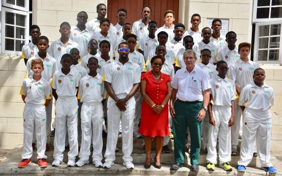 Jacob Bethell (bottom left) pictured aged 12 among fellow schoolboy cricketers at Harrison College