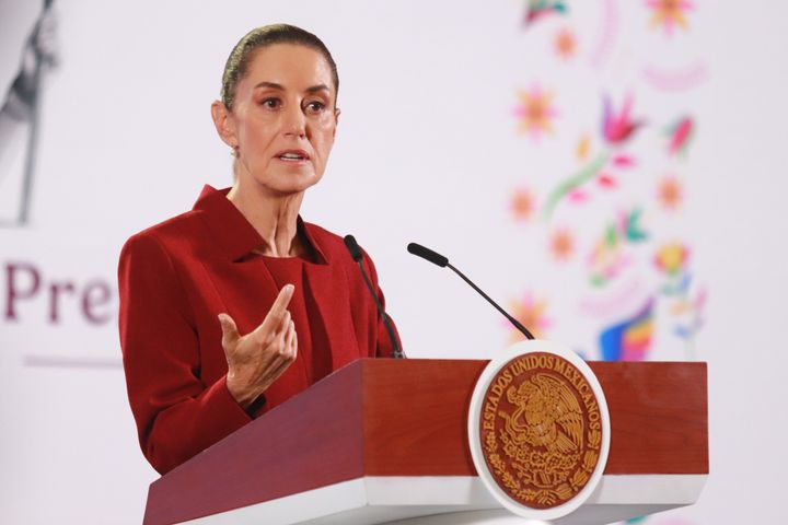 Claudia Sheinbaum Pardo, President of Mexico, speaks during a briefing conference about the rescue of Mexican Petroleum (PEMEX), at the National Palace. (Photo by Carlos Santiago/Eyepix Group/LightRocket via Getty Images)