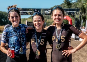 Podium at 2024 Ranxo Gravel, finale of Gravel Earth Series: Race and series winner Karolina Migoń (center), Klara Sofie Skovgard second, Morgan Aguirre third