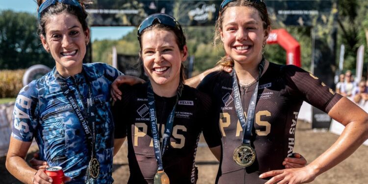 Podium at 2024 Ranxo Gravel, finale of Gravel Earth Series: Race and series winner Karolina Migoń (center), Klara Sofie Skovgard second, Morgan Aguirre third