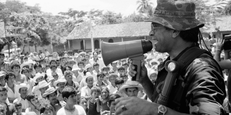 Col. Sigifredo Ochoa Pérez, the former commander of the counterinsurgency unit Destacamiento Militar 2 and then head of the Fourth Brigade, speaks at a public gathering in Sensuntepeque, El Salvador, in September 1984.