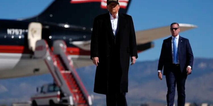 Republican presidential nominee former President Donald Trump arrives at a campaign rally at Albuquerque International Sunport, Thursday, Oct. 31, 2024, in Albuquerque, N.M.