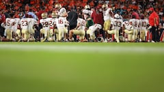 MIAMI GARDENS, FLORIDA - OCTOBER 26: Ashlynd Barker #27 of the Florida State Seminoles is injured against the Miami Hurricanes during the second half at Hard Rock Stadium on October 26, 2024 in Miami Gardens, Florida.   Carmen Mandato/Getty Images/AFP (Photo by Carmen Mandato / GETTY IMAGES NORTH AMERICA / Getty Images via AFP)