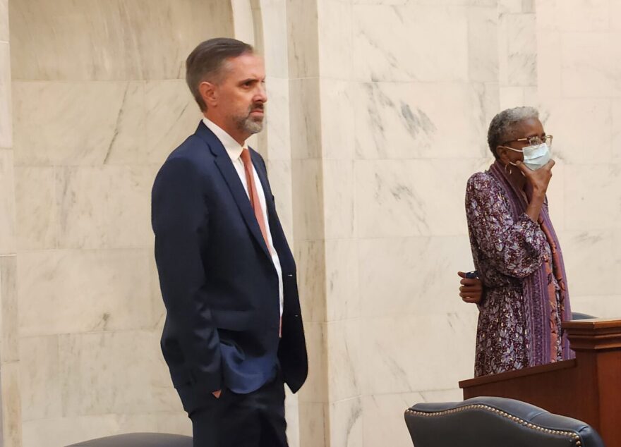 Senate Minority Leader Greg Leding, D-Fayetteville, and Sen. Stephanie Flowers, D-Pine Bluff listen during an organizational meeting in the Arkansas Senate on Thursday, November 7, 2024.