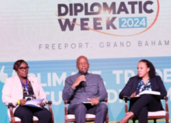 The issue of migration and illegal immigration took center stage at a panel discussion on “Understanding The Complexities of Migration Management ” during day four of Diplomatic Week held at the Grand Lucayan Resort in Freeport, Grand Bahama.  Immigration Minister the Hon. Sears (centre) served as a panelist for the discussion, along with Her Excellency Gezel Farrington, Ambassador-at-Large for Human Rights (photographed at left) and Ms. Zahrah Jibrilu, Project Officer, International Organization for Migration (photographed at right).  Other panelists included His Excellency Dennis Zulu, UN Resident Coordinator for The Bahamas, Bermuda, Cayman Islands, Turks & Caicos and Jamaica; His Excellency Dr. Ellison Rahming, Ambassador to the Republic of Cuba; and Mr. Crispin Hall, of the United Nations High Commission for Refugees (UNHCR).