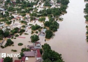 An aerial shot of a flooded city