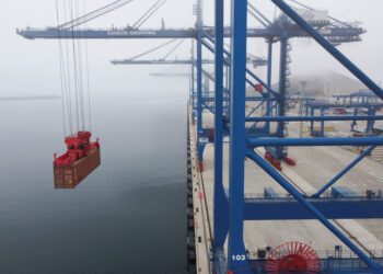 A drone view shows a crane moving a container at the new megaport being built by China's state-owned Cosco Shipping, in Ch...