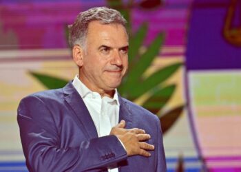 Uruguay's president-elect, Yamandu Orsi, of the Frente Amplio coalition, gestures as he delivers his victory speech after the presidential runoff election in Montevideo on November 24, 2024.