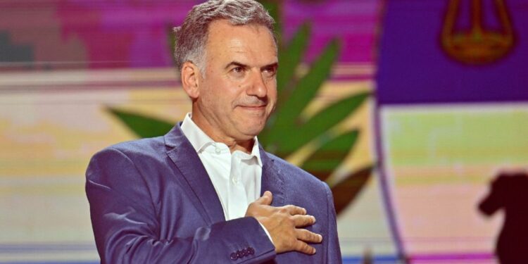 Uruguay's president-elect, Yamandu Orsi, of the Frente Amplio coalition, gestures as he delivers his victory speech after the presidential runoff election in Montevideo on November 24, 2024.