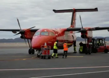 BBC A small plane at Nuuk Airport in Greenland.