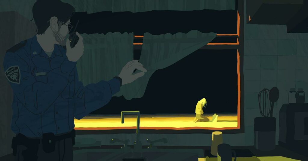 An illustration shows a police officer standing inside of a dark, blue and green kitchen holding a walkie-talkie while looking outside the window. Outside the window, a woman is kneeling, with bright yellow light on her as she looks at a small grave.