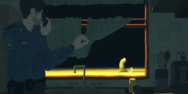 An illustration shows a police officer standing inside of a dark, blue and green kitchen holding a walkie-talkie while looking outside the window. Outside the window, a woman is kneeling, with bright yellow light on her as she looks at a small grave.