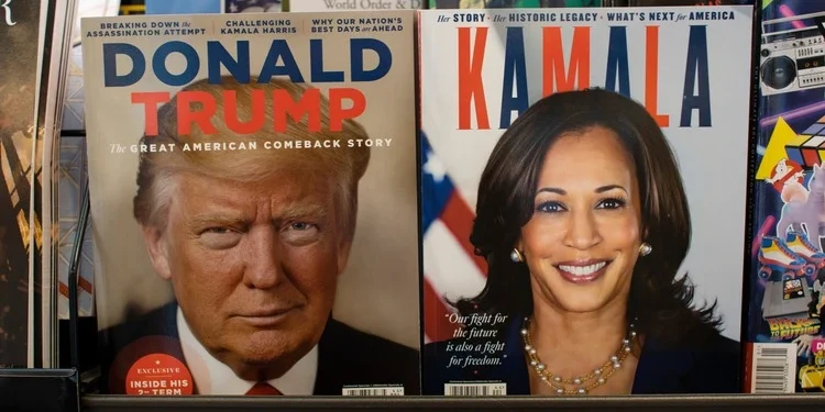 Tigard, OR, USA - Sep 5, 2024: Magazines published by A360 Media with presidential nominees Donald J. Trump and Kamala Harris on the covers are displayed at a bookstore in Tigard, Oregon.