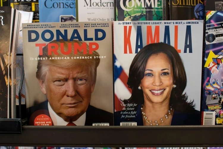 Tigard, OR, USA - Sep 5, 2024: Magazines published by A360 Media with presidential nominees Donald J. Trump and Kamala Harris on the covers are displayed at a bookstore in Tigard, Oregon.