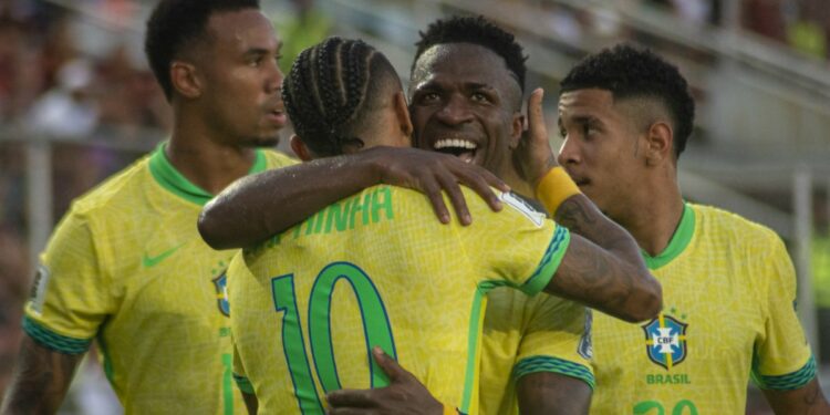 Brazilian national team players celebrate after scoring a goal during the 2026 FIFA World Cup qualifiers ahead of the Brazil vs Uruguay live stream