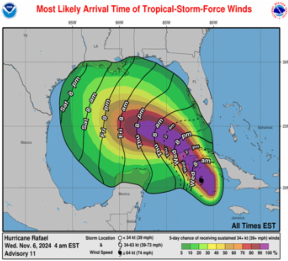 A map shows the most likely arrival times of tropical storm-force winds from Rafael. The hurricane strengthened on Wednesday as it moved toward Cuba. The storm will enter the Gulf of Mexico Wednesday night. (NOAA National Hurricane Center)