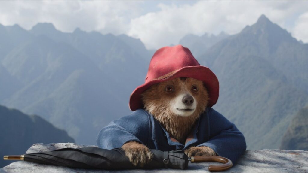 A bear wearing a red hat looks over a rock, with mountains behind.