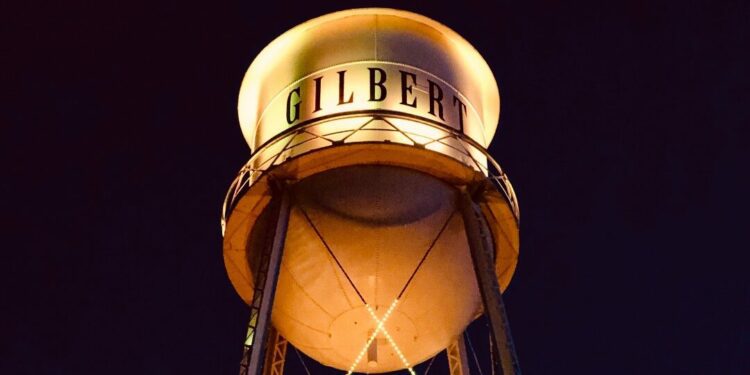 Town of Gilbert water tower lit up at night...