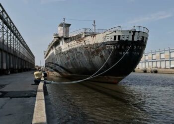 The SS United States, at Pier 82 in Philadelphia after the ship was signed over to Okaloosa County, Florida.