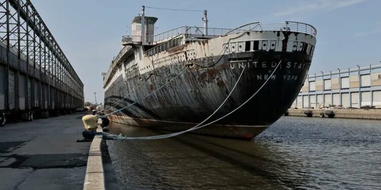 The SS United States, at Pier 82 in Philadelphia after the ship was signed over to Okaloosa County, Florida.