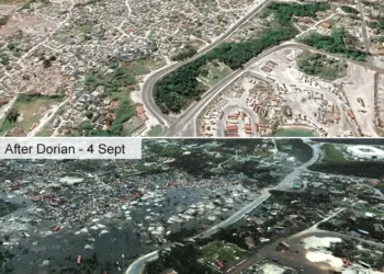 A before and after image showing destruction in the Marsh Harbour